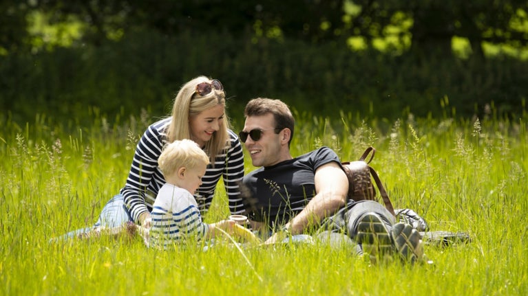 A family with a young child enjoy a picnic in long grass on a sunny day at Calke Abbey